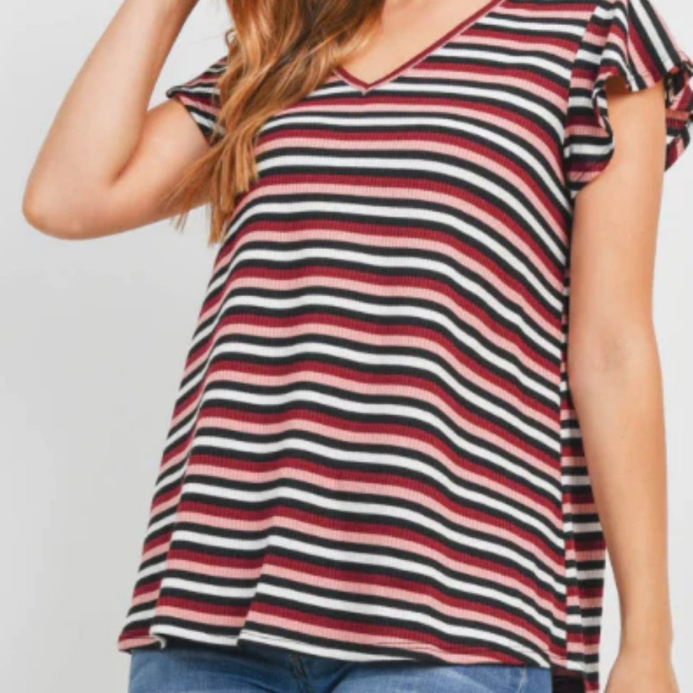 Burgundy/Black Stripe Butterfly Sleeve Top